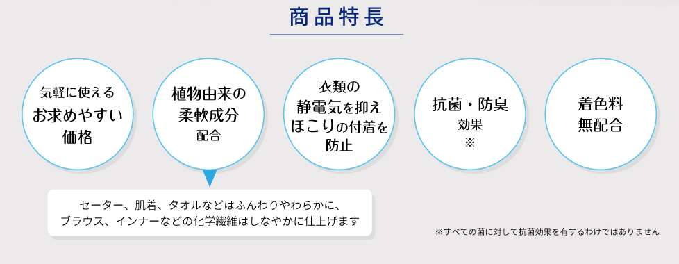 [商品特徴]　●気軽に使えるお求めやすい価格　●植物由来の柔軟成分配合（セーター、肌着、タオルなどはふんわりやわらかに、ブラウス、セーターなどの化学繊維はしなやかに仕上げます。）　●衣類の静電気を抑えほこりの付着を防止　●抗菌・防臭効果 ※すべての菌に対して抗菌効果を有するわけではありません　●着色料無配合