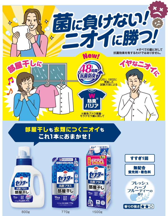 菌に負けない！ニオイに勝つ！＊すべての菌に対して抗菌効果を有するわけではありません。部屋干しも衣類につくニオイもこれ一本におまかせ！